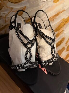 Nina Shoes Black Crystal-Strap Slingback Heels